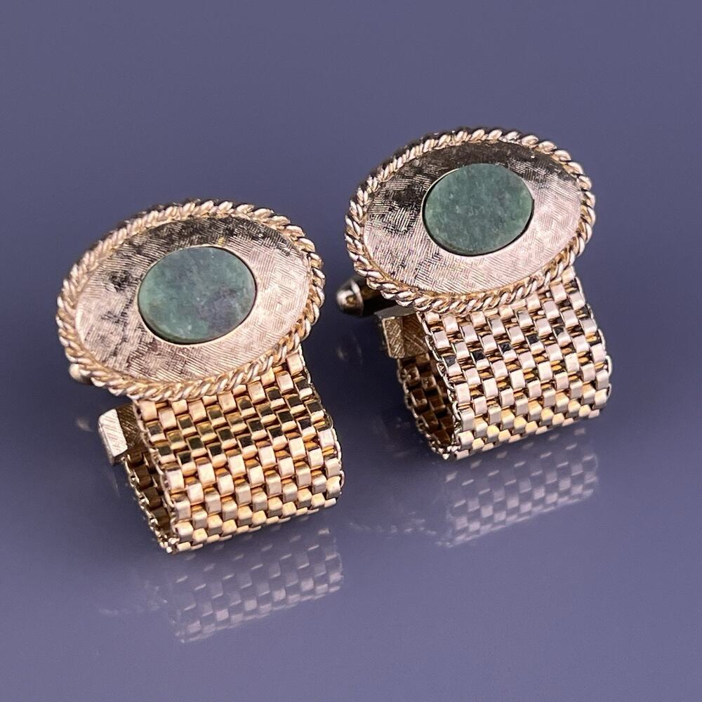 Oval Jade Wrap Around Cufflinks Gold Plated Florentine Finish Dante Vintage